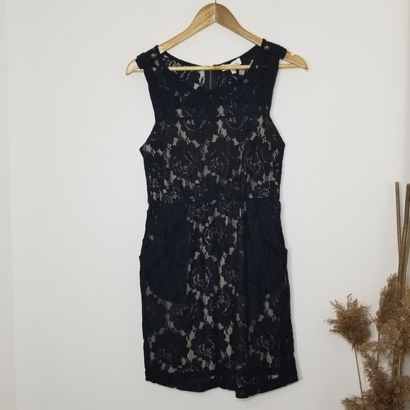 Monteau Sleeveless Black Lace Overlay Mini Dress Back Zipper Pockets Size Medium - Picture 1 of 7